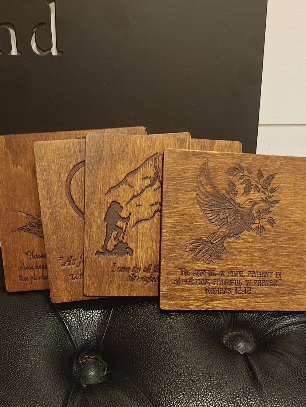 Scripture Bible Verse Wooden Engraved Inspirational Coaster Set - Brown